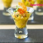 Langostinos en salsa picante de mango en vasito de aperitivo